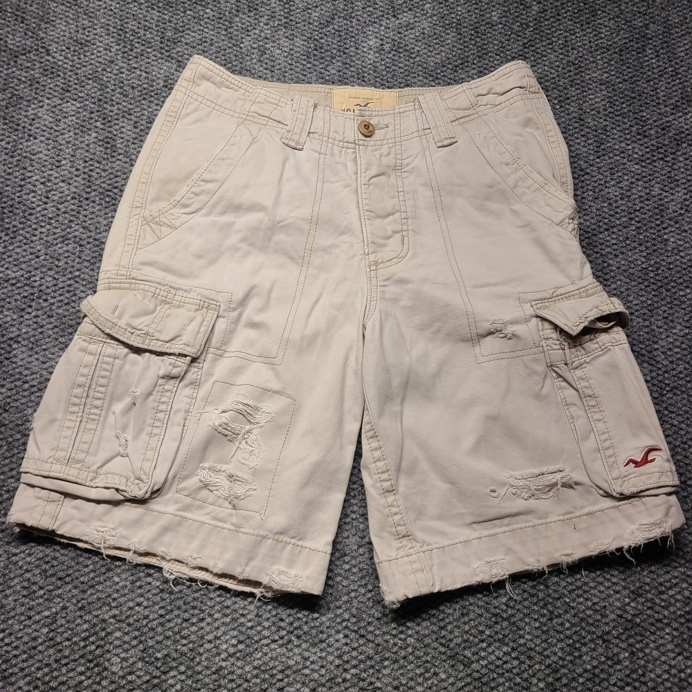 Vtg Y2k Hollister Cargo Shorts Mens 28 Beige Cotton Mid Rise Utility Distressed